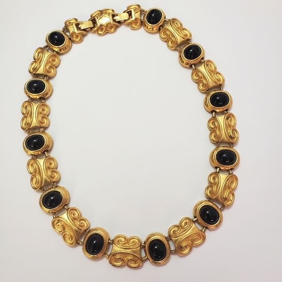 Vintage Oscar de la Renta - Gold Tone Statement Necklace with Black Cabochons - Picture 11 of 11